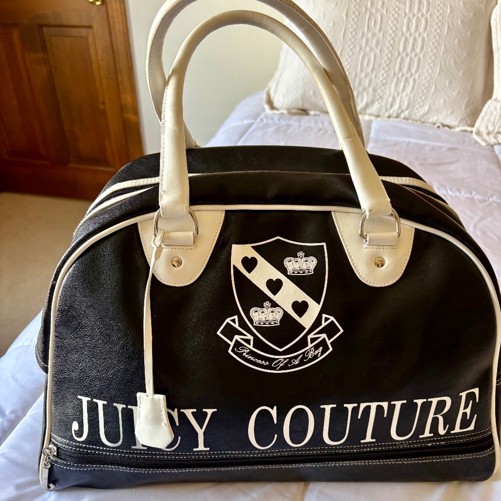 Vintage Juicy Couture Y2K Retro Black & White Bowling Bag Pink Interior